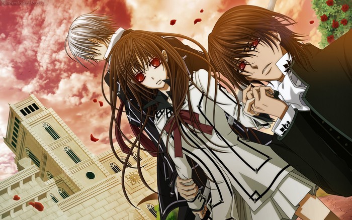 Vampire Knight: Yuki, Zero, and Kaname with a castle