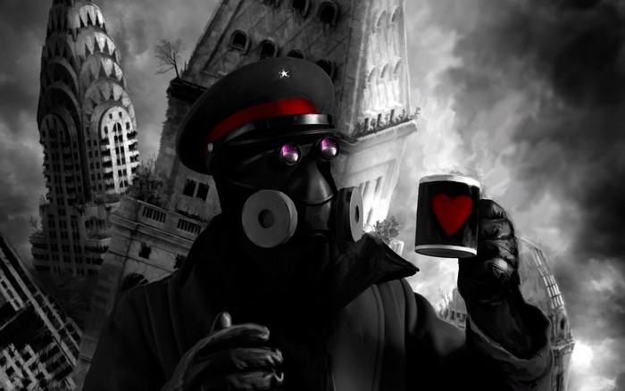 Romantically Apocalyptic character with gas mask and heart mug