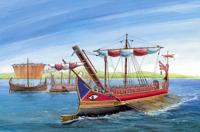 Ancient warships sailing on the sea