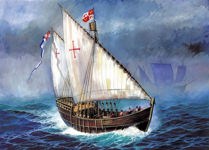 Painting of a caravel sailing on a stormy sea