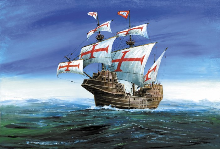 Painting of a Portuguese carrack sailing on the ocean