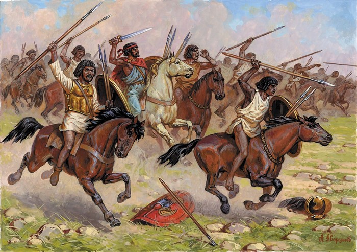 Ancient cavalry battle with spears and swords