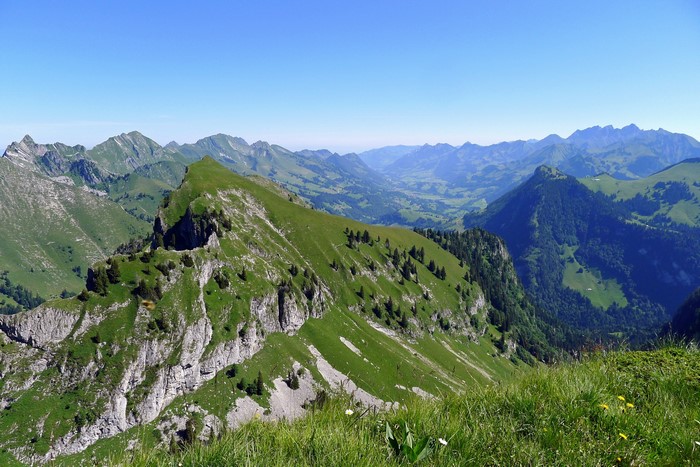 Panoramic view of Swiss Alps mountains and valleys