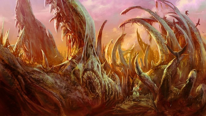 Fantastic world with strange bone-like structures and a lone traveler