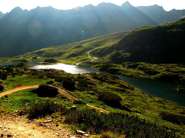 Mountain landscape with lakes and hiking trail