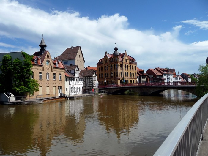 Riverfront buildings and bridge in Germany