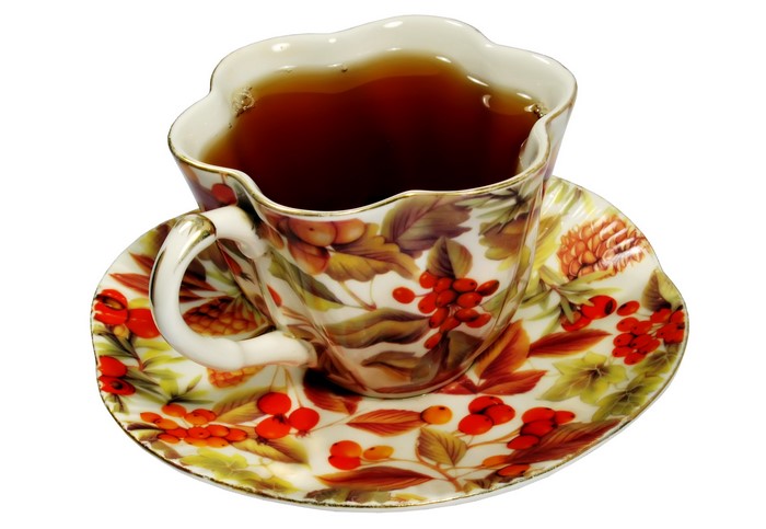 A teacup and saucer with a berry and leaf pattern