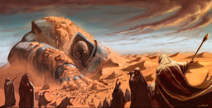 Giant Sand Monster and Hooded Figures in Desert