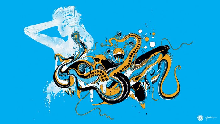 Abstract illustration of a woman and sea creatures