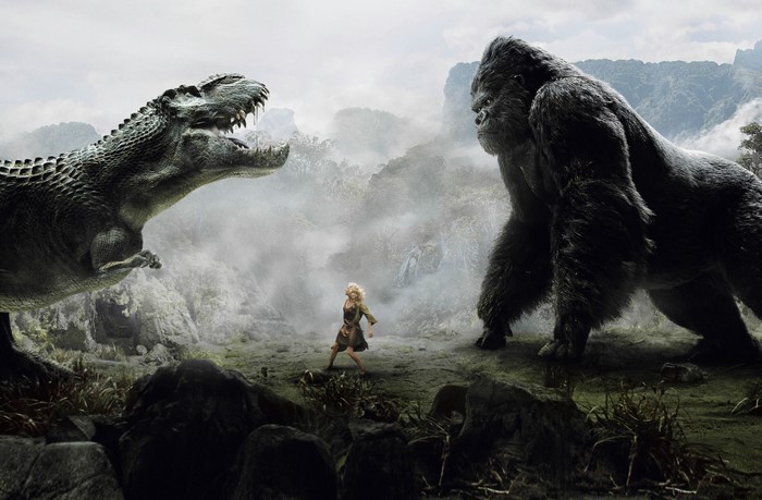 King Kong vs. Tyrannosaurus Rex with a woman