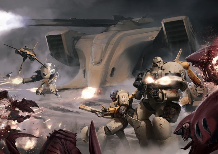 Warhammer 40000 battle scene with Tau forces