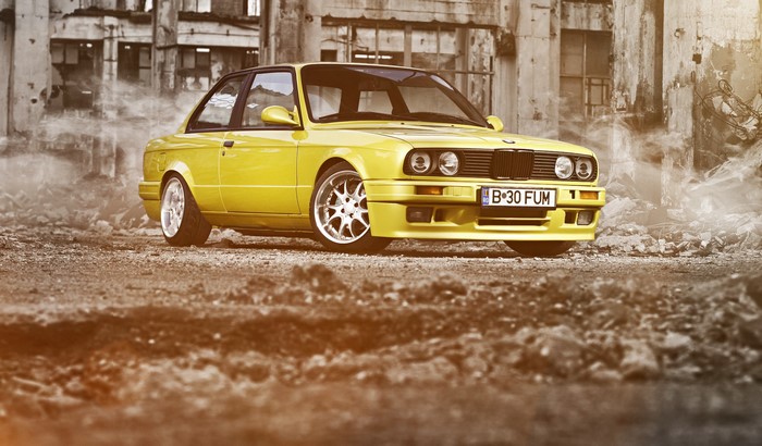 Yellow BMW E30 in Abandoned Building