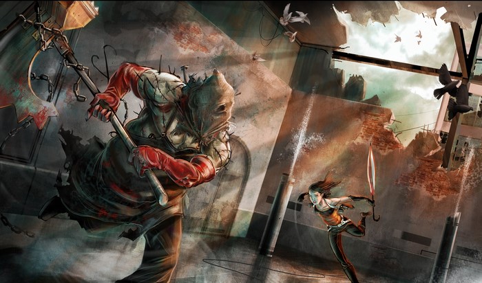 Scarecrow-like figure with axe chasing a woman with a sword