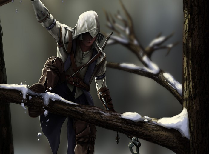 Connor Kenway from Assassin's Creed 3 climbing a tree