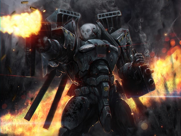 Mech firing weapon amidst explosions and smoke