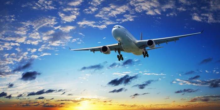 Airplane flying in the sky at sunset