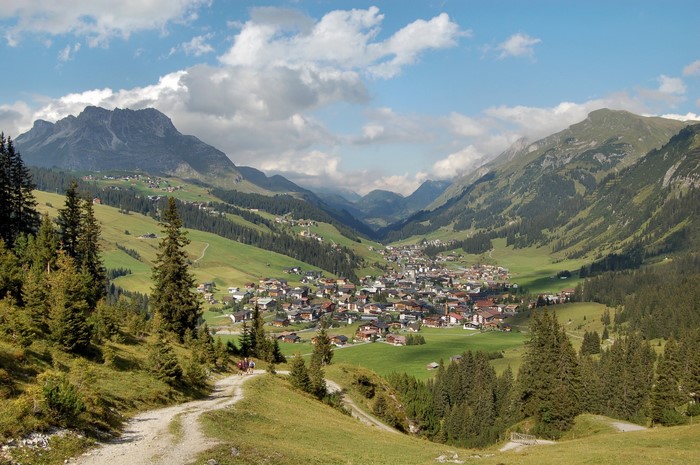 Alpine village nestled in a mountain valley