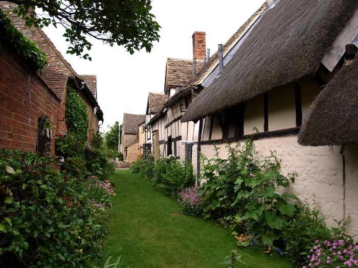 Thatched roof cottages in a village lane, United Kingdom