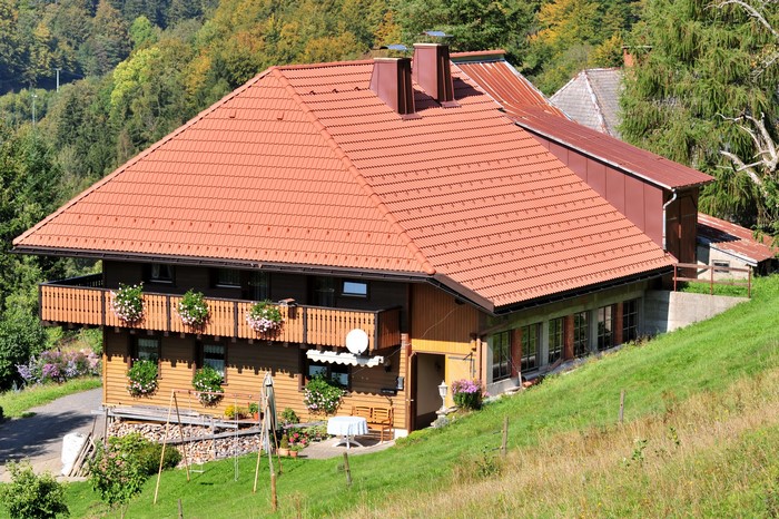 Wooden house with red roof in Germany
