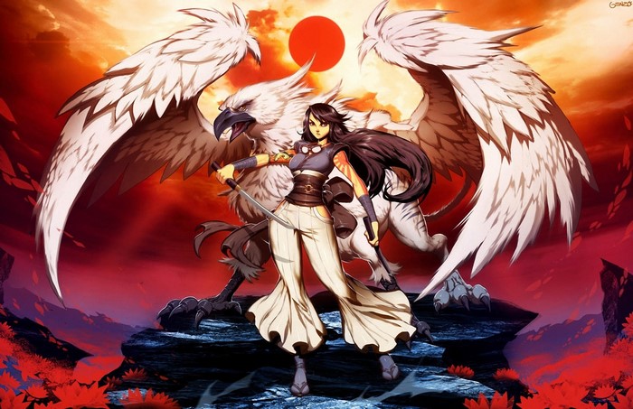 Woman warrior with a griffin