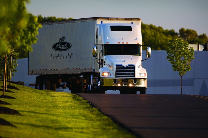 White Mack Leasing System semi-truck on a road