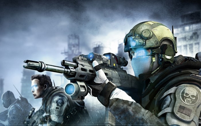 Soldiers with advanced weaponry in a warzone