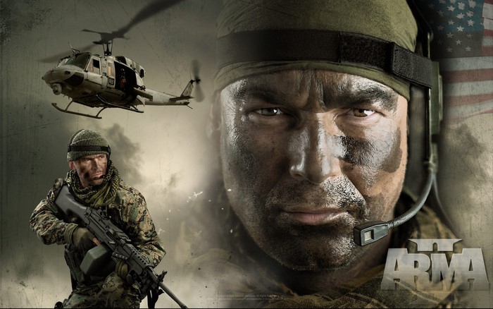 ArmA video game poster with soldiers and helicopter