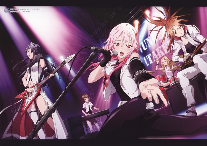 Inori Yuzuriha and band performing on stage from Guilty Crown