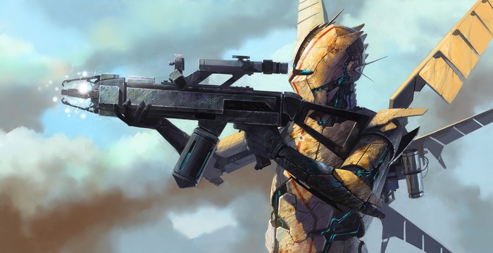 Robot warrior with rifle in the sky