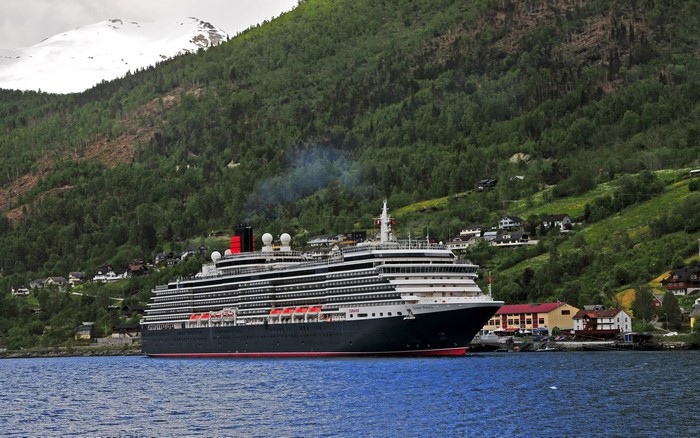 Cruise liner docked near a village on a mountainside