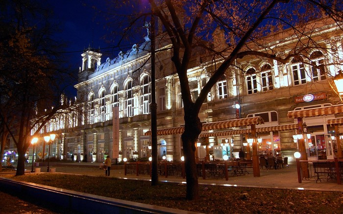 Building with outdoor seating at night in Bulgaria