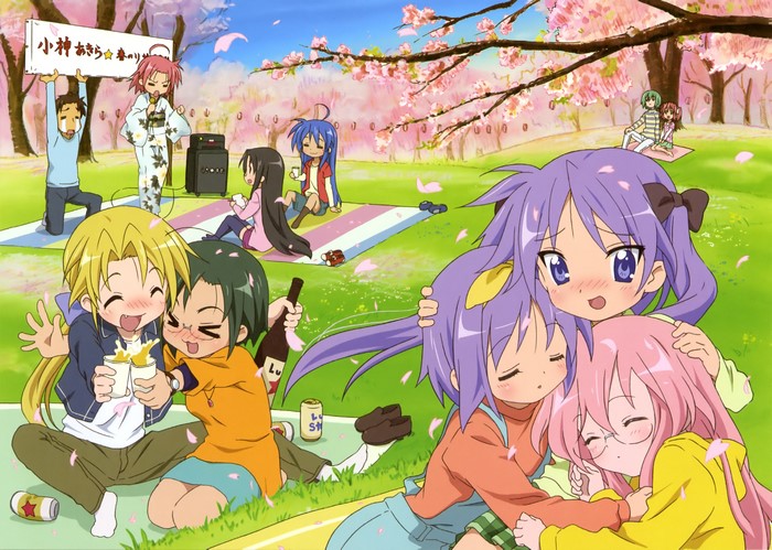 Lucky Star characters having a picnic under cherry blossoms
