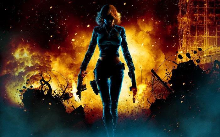 Woman with guns in a fiery explosion