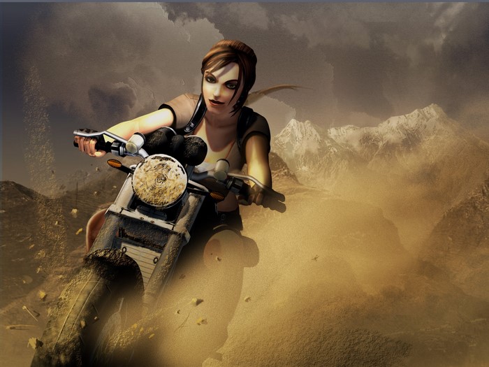 Lara Croft from Tomb Raider riding a motorcycle