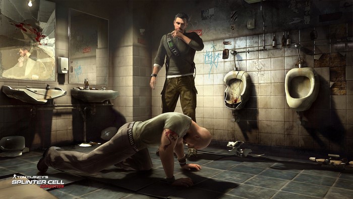 Sam Fisher from Splinter Cell in a bathroom