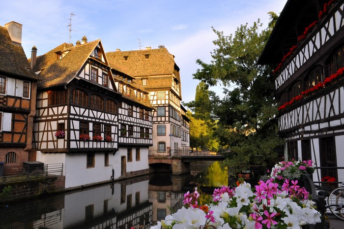 Half-timbered houses along a canal in Strasbourg, Alsace, France