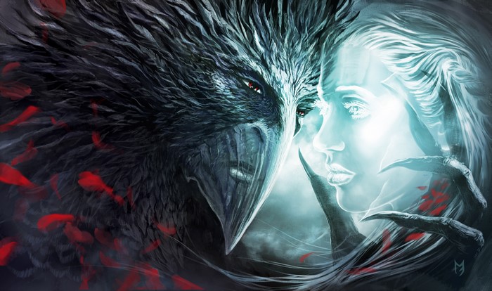 A dark creature and a glowing woman face each other