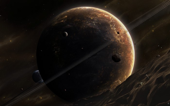 Ringed planet with moons and asteroids