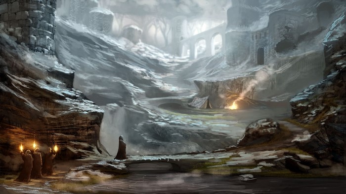 Gothic Fantasy landscape with ruins and figures
