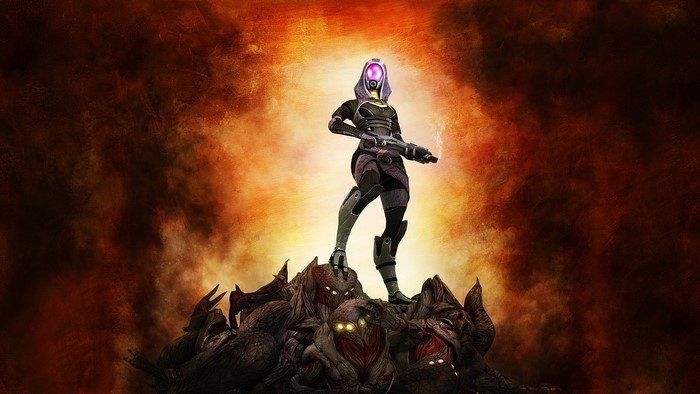 Female Turian from Mass Effect standing on defeated enemies