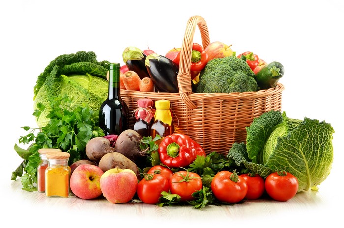 Vegetables and fruits in a wicker basket