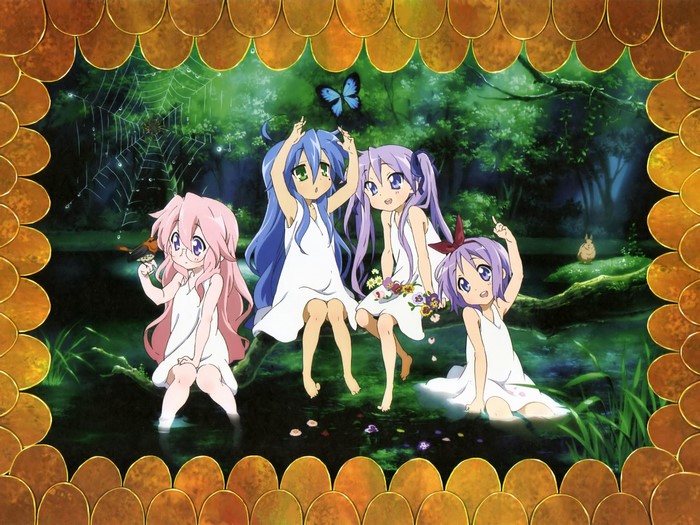 Lucky Star characters in a forest pond