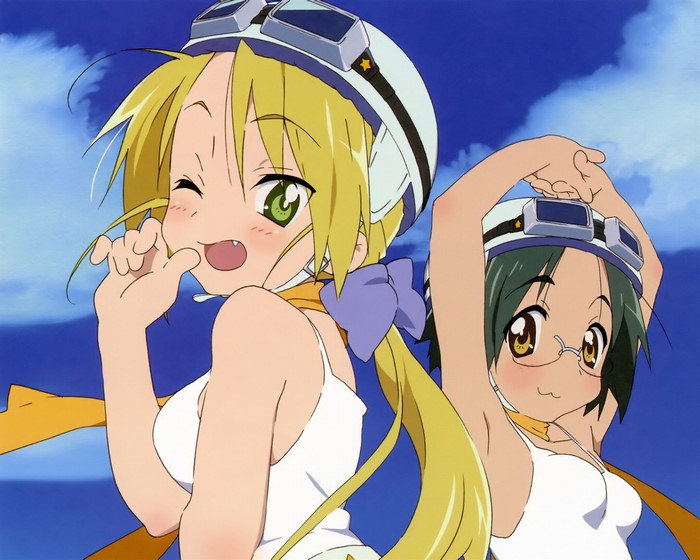 Two girls from Lucky Star wearing pilot hats