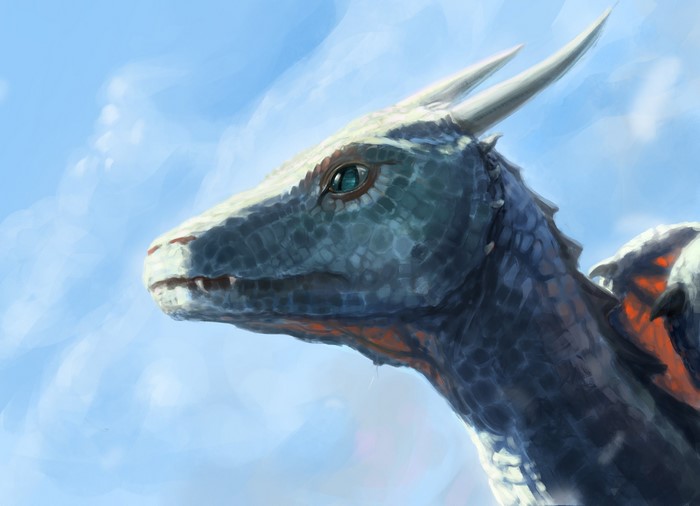 Dragon with blue scales and horns in the sky