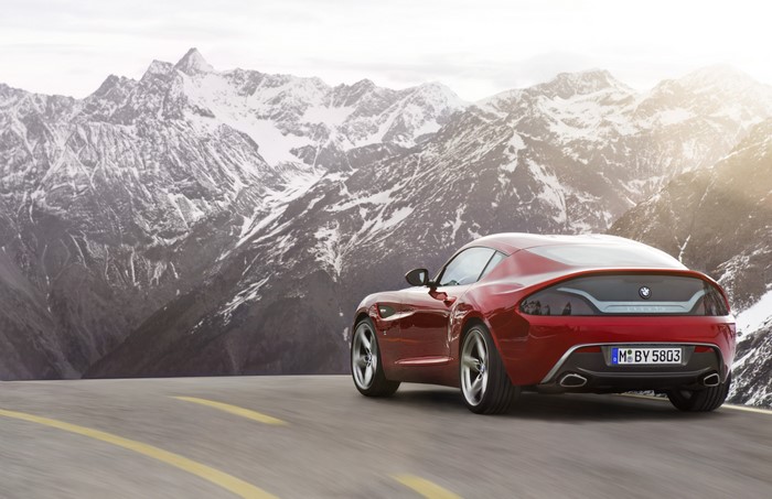 Red BMW Zagato Coupe on a mountain road
