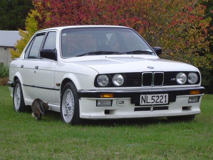 White BMW E30 325i with a cat