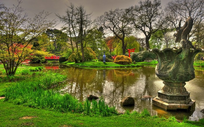 Japanese Garden with Pond and Fountain