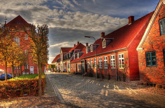 Street in Denmark with Brick Houses and Autumn Trees