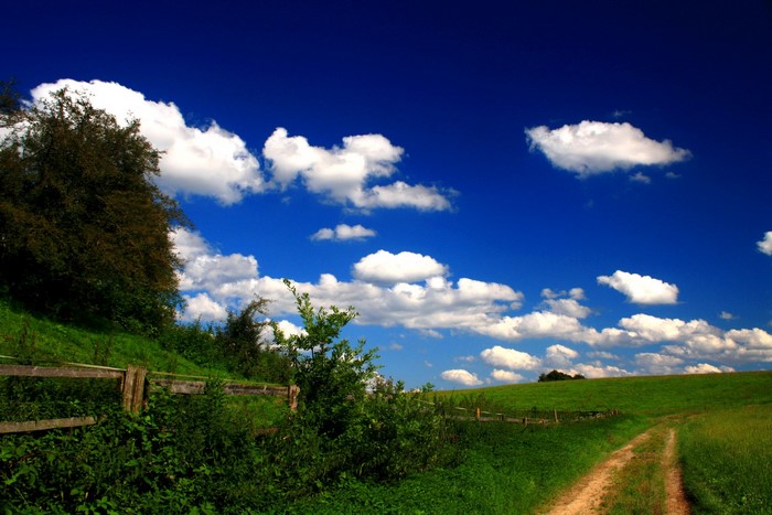 Dirt path through green fields under a blue sky with clouds