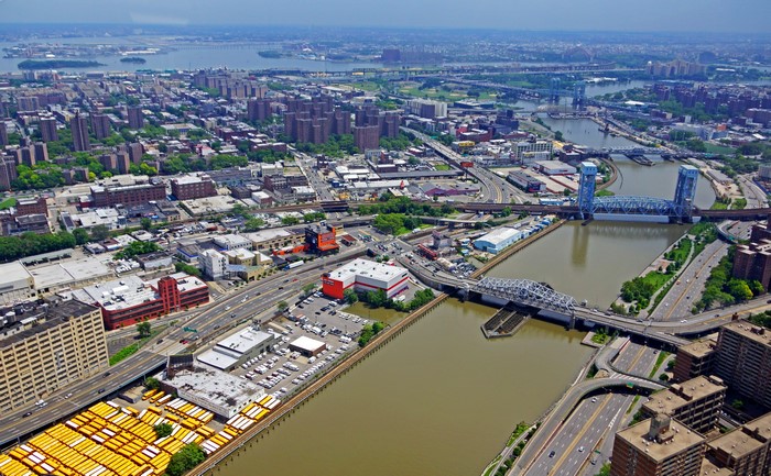 Aerial view of New York City with bridges and waterways
